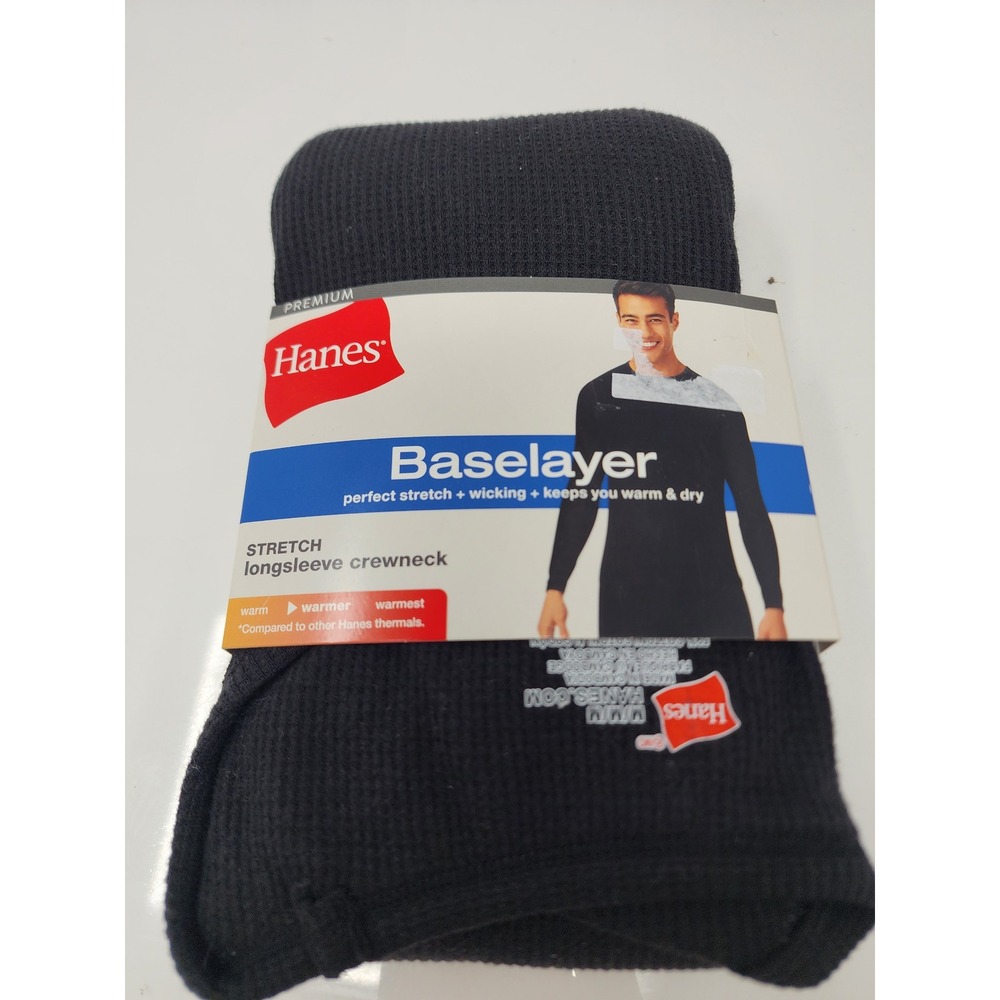 Hanes Mens Baselayer Crewneck Black Cotton Blend Athletic Size Medium